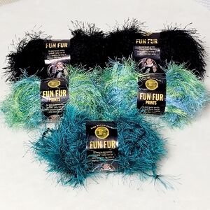 NWT Lion Brand Fun Fur Prints Eyelash Yarn 5 Skeins Black, Citrus & Peacock